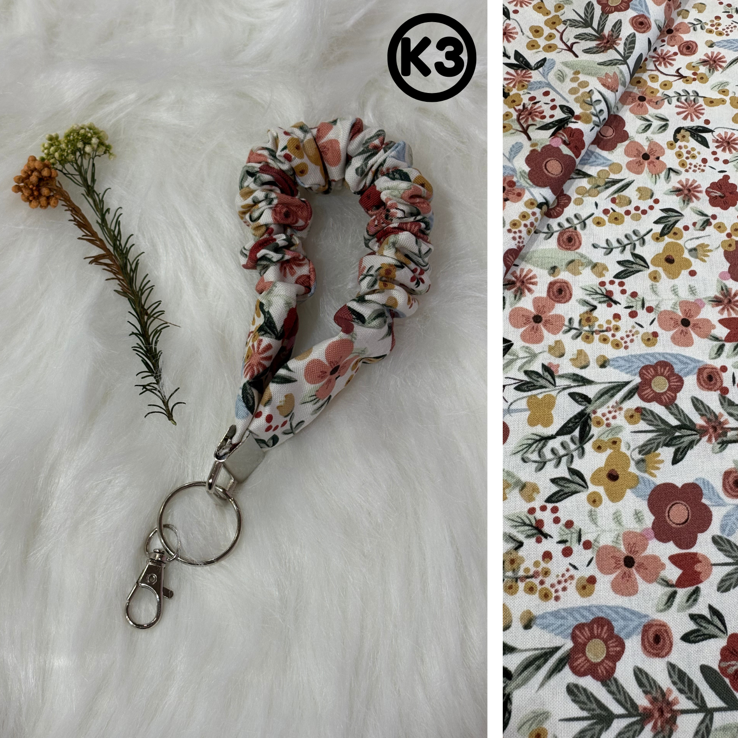 #K3 Scrunchie Keychain / Floral brown