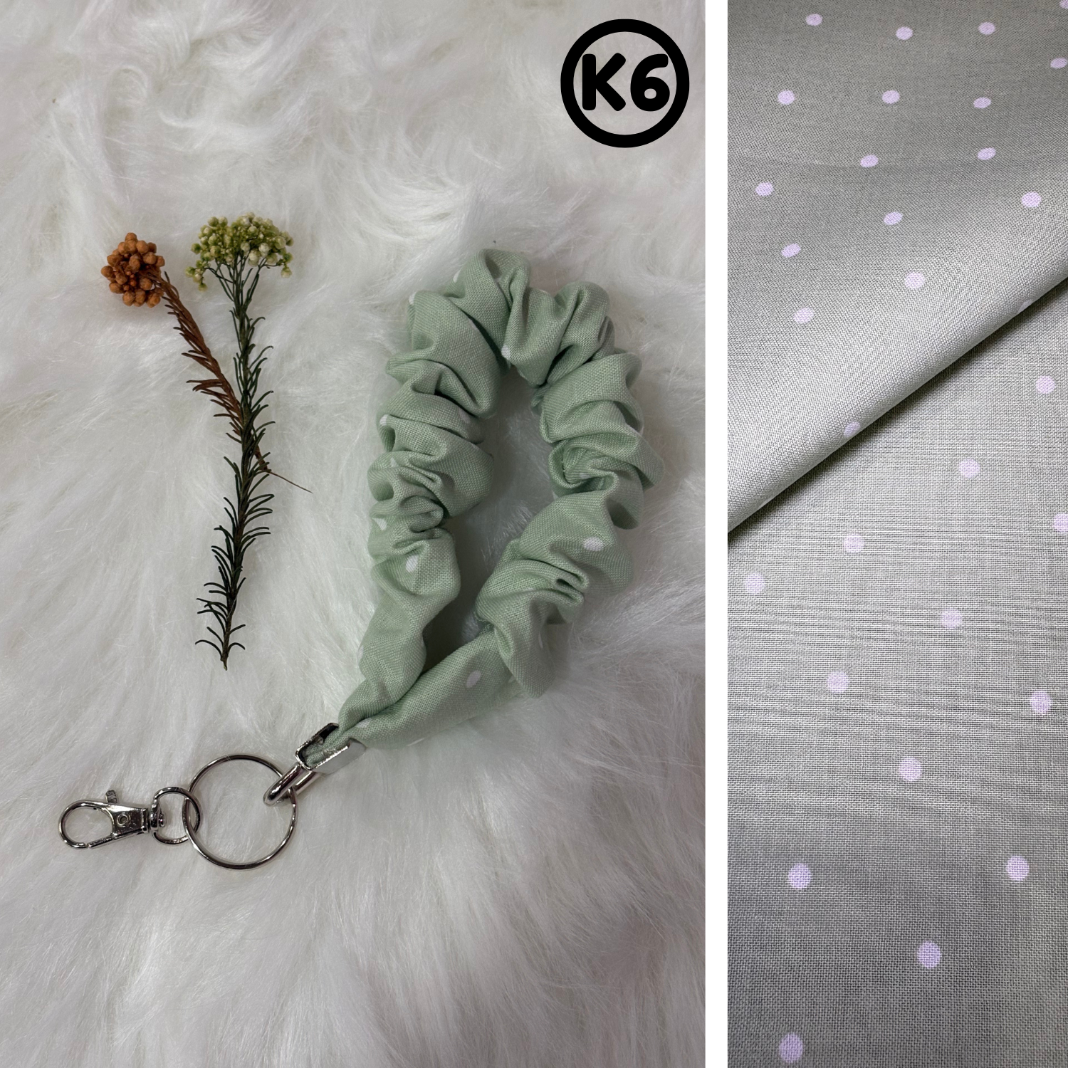 #K6 Scrunchie Keychain / Green with White dots