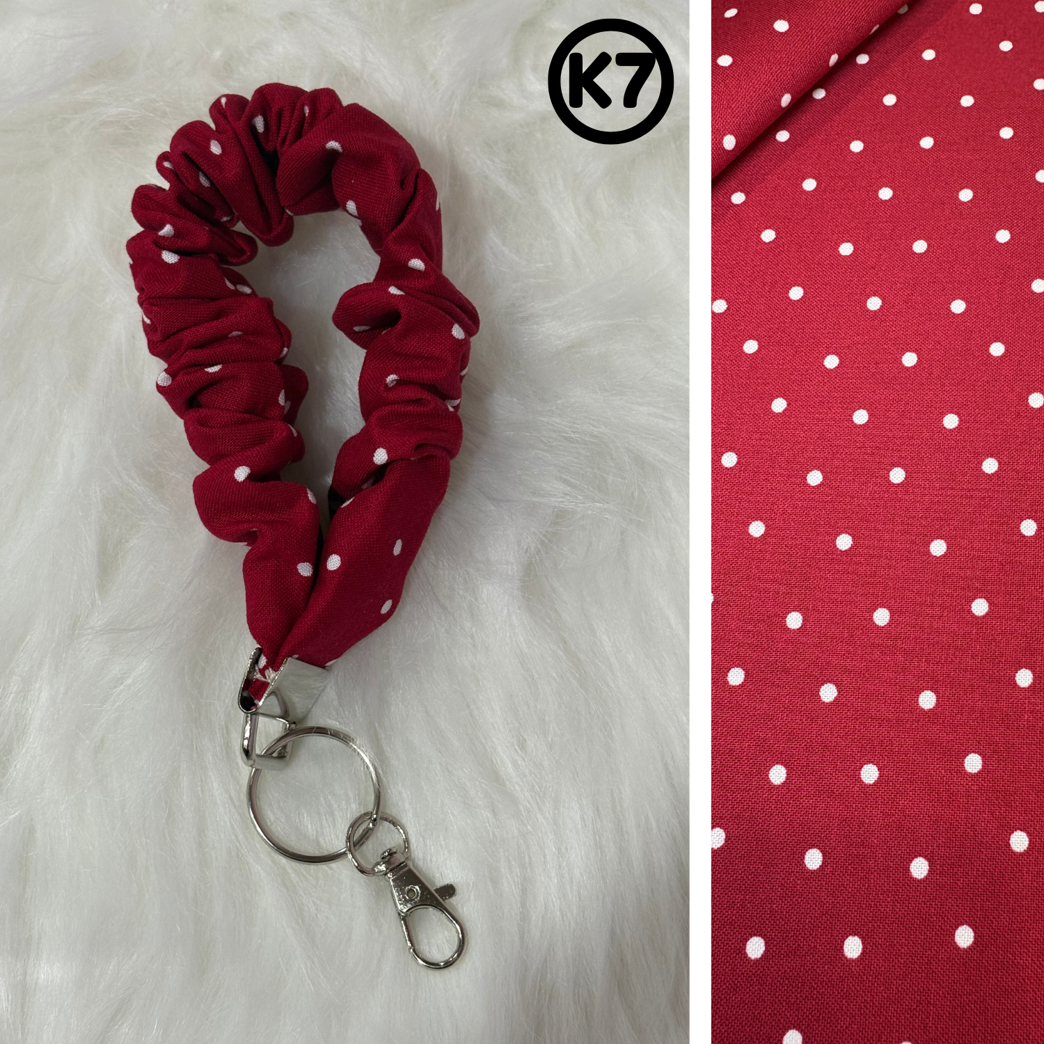 #K7 Scrunchie Keychain / Red with White dots