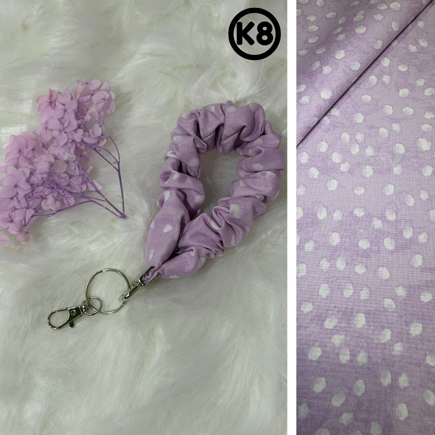 #K8 Scrunchie Keychain / Lilac with White dots